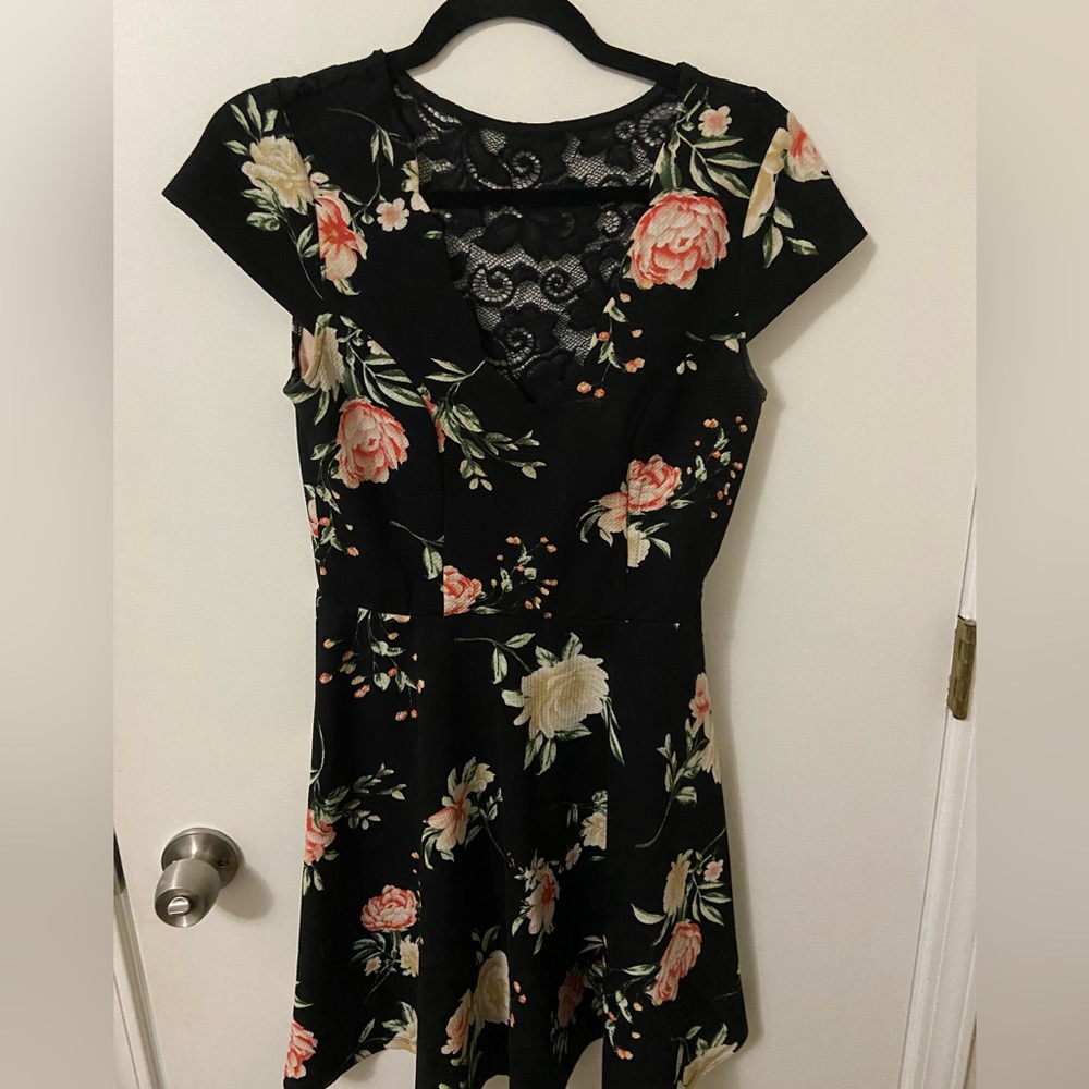 Three Pink Hearts Black/Floral Dress